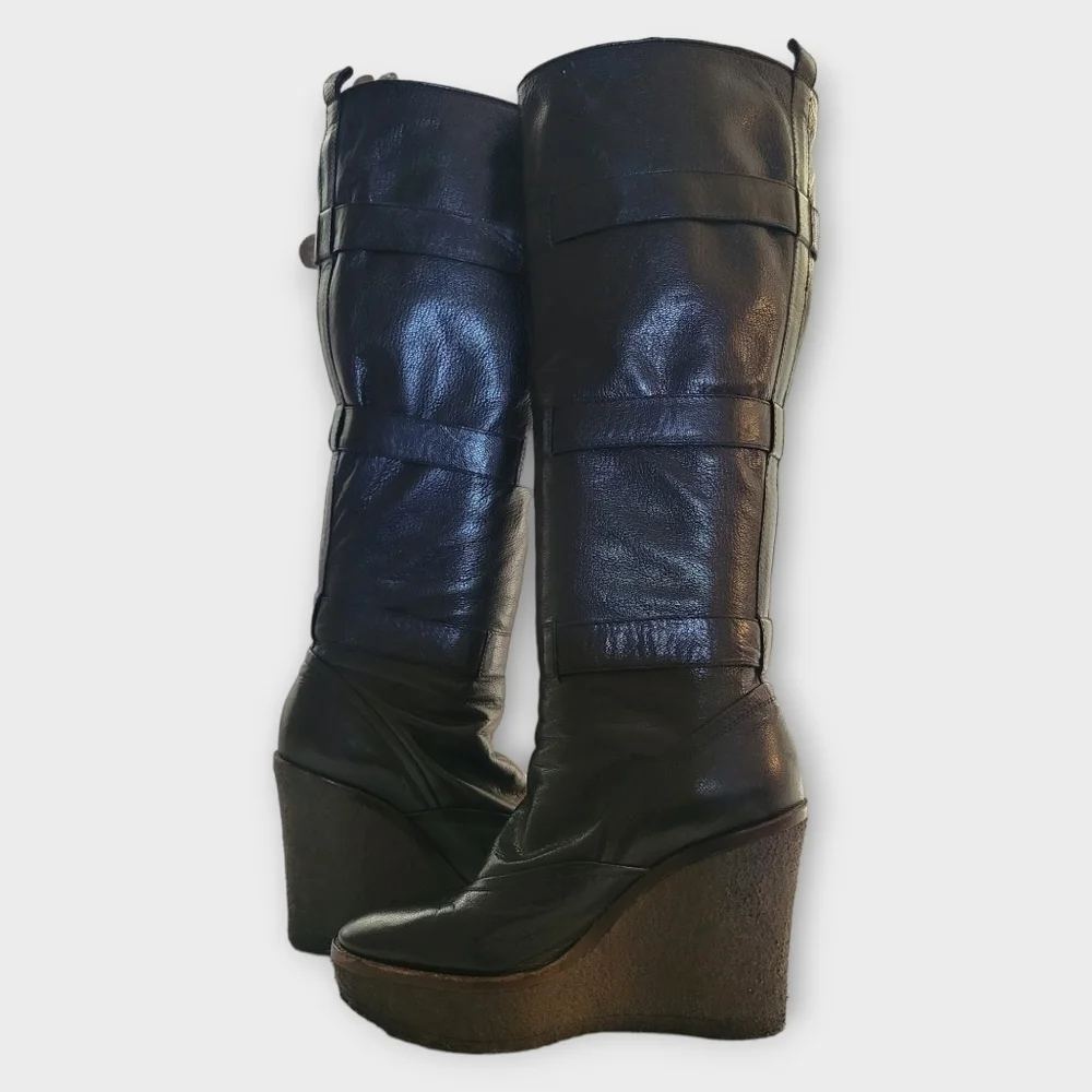 YSL Yves Saint Laurent Tall Black Leather Wedge Boots Vintage 90s Y2K